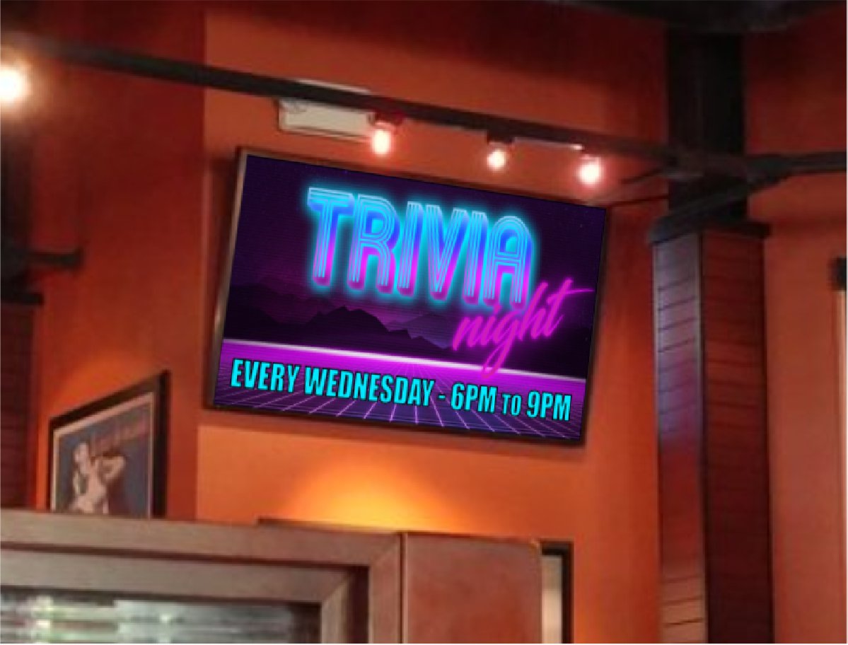 Digital billboard TV display inside a venue showing upcoming events